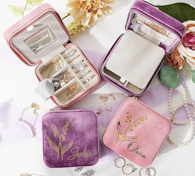 Customizable Compact Velvet Jewelry Box with Mirror, Travel Jewelry Case, Travel Jewelry Organizer, Jewelry Box for Women and Girls, Small Jewelry Organizer (Flower Design, Mulberry)