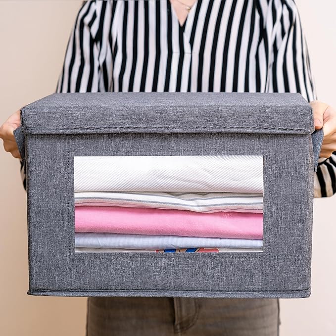 3-Pack Collapsible Storage Bins with Lids, Linen Fabric Foldable Storage Boxes, Cube Closet Organization for Clothes, Blankets, Books, Gray