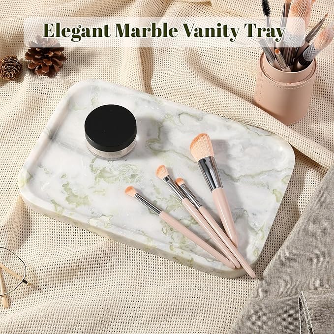 Luxury Marble Vanity Tray, Bathroom Tray Countertop, Bianco Marble/Stone, Home Decorative Dresser Organizer, Storage for Kitchen Sink, Perfume Jewelry Holder(Green&White)