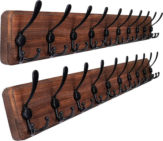 SKOLOO Rustic Large Wall Mounted Coat Rack-38.6'' Long Coat Rack for Wall, Pine Solid Wood Coat Rack Hook, Farmhouse Coat Hanger Wall Mount for Hanging Jacket Coat Hat, Pack of 2