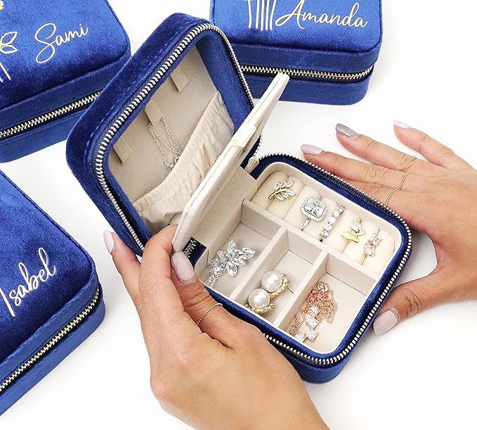 Customizable Compact Velvet Jewelry Box with Mirror, Travel Jewelry Case, Travel Jewelry Organizer, Jewelry Box for Women and Girls, Small Jewelry Organizer (Flower Design, Winter Blue)