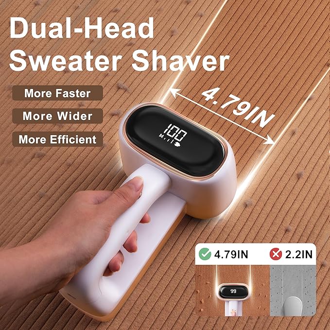 Fabric Shaver Lint Removers Rechargeable Sweater Shaver with Dual Head & LCD Display for Clothes Couch Pilling Furniture, 6-Leaf Blades Defuzzer, White, 1 Piece.