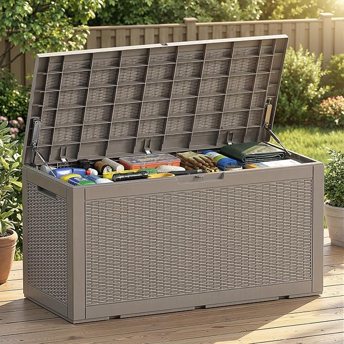 Vixzen 120 Gallon Waterproof Large Deck Box, Lockable Resin Outdoor Storage Box with Hydraulic Lid, Durable Storage Bin for Patio Furniture Cushions, Garden Tools, Pool Accessories, Gray