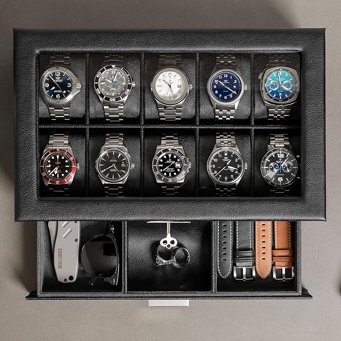 ROTHWELL 10-Slot Watch Box in Leather with Valet Drawer, Luxury Watch Case Display Organizer with Ultra Soft Microsuede Liner, Jewelry and Sunglass Holder With Large Glass top (Black/Grey)
