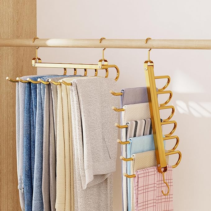 Pants Hangers,2 Pack Golden Metal Alloy Hangers Closet Organizer,Sturdy Space-Saving Clothes Pants Hangers, Closet Organizers for Pants Jeans Skirts Scarf Legging