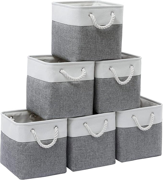 11 x 11 Inch Cube Storage Bins, 6 Pack Large Collapsible Fabric Storage Bin with Ropes, Foldable Storage Cubes for Home, Office,Closet, Clothes, Toys Organizer (White & Grey-11"x11"x11")