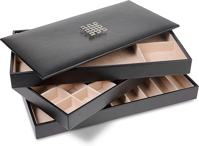 Glenor Co Jewelry Tray Organizer - 3 Large Stackable Trays & Lid - 46 Slot Storage for Drawer, Dresser - Black