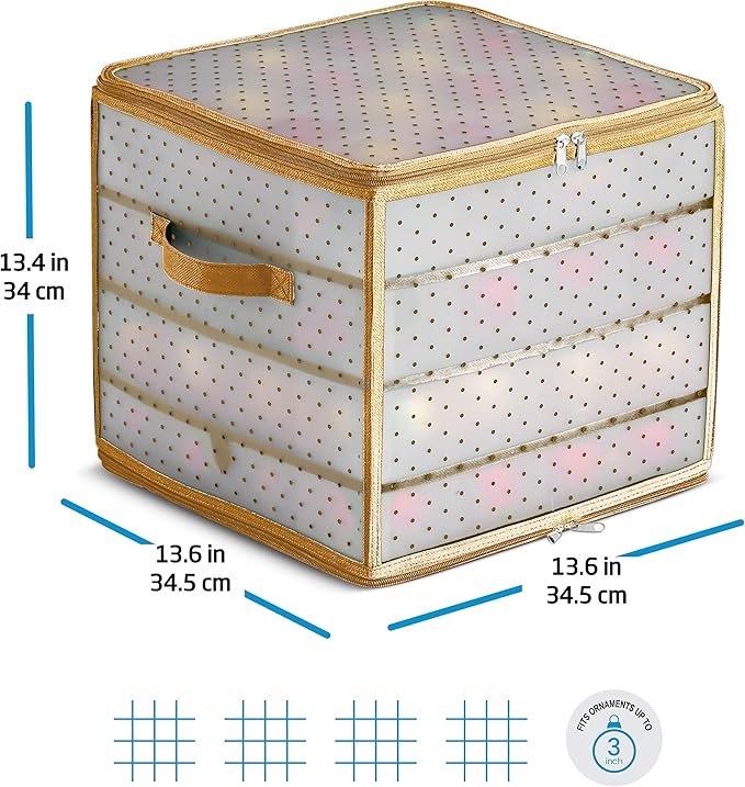 ZOBER Christmas Ornament Storage Box Plastic - Stores 64 3" Ornaments with Individual Trays - Ornament Organizer Storage Box, Durable Christmas Containers Holder - Gold