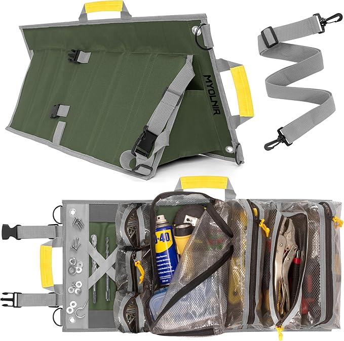 Roll Up Tool Bag Organizer With Kickstand - Compact Heavy Duty Motorcycle Tool Roll Bag Organizer - Portable Rollup Toolbag With Magnetic Panels & Transparent Pockets - Mechanic & Electrician