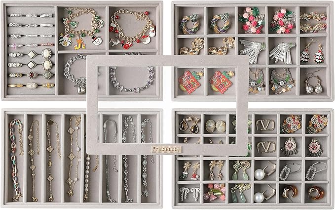 Frebeauty Stackable Jewelry Trays,Velvet Jewelry Organizer for Drawer,5-in-1 Jewelry Storage Box with Lid,Vanity Jewelry Display for Earrings Necklaces Rings,10.5 x 6.5 x 5.55 Inches,Gift for Women