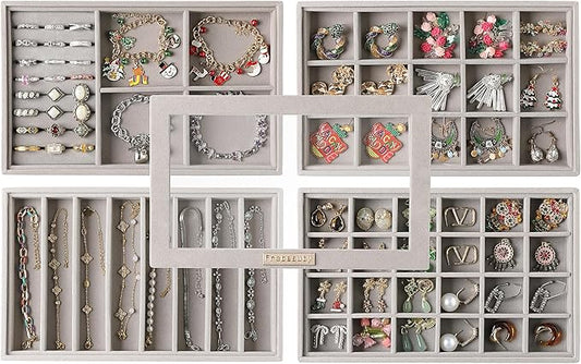 Frebeauty Stackable Jewelry Trays,Velvet Jewelry Organizer for Drawer,5-in-1 Jewelry Storage Box with Lid,Vanity Jewelry Display for Earrings Necklaces Rings,10.5 x 6.5 x 5.55 Inches,Gift for Women