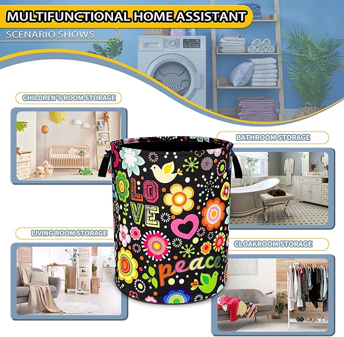 Peace Hippie Flower Laundry Basket Foldable Oxford Cloth Funny Tote Bag Laundry Hamper Clothes Storage Bucket Toy Organizer For Bathroom/Laundry Storage/Bedroom 18.9x16.5 Inch