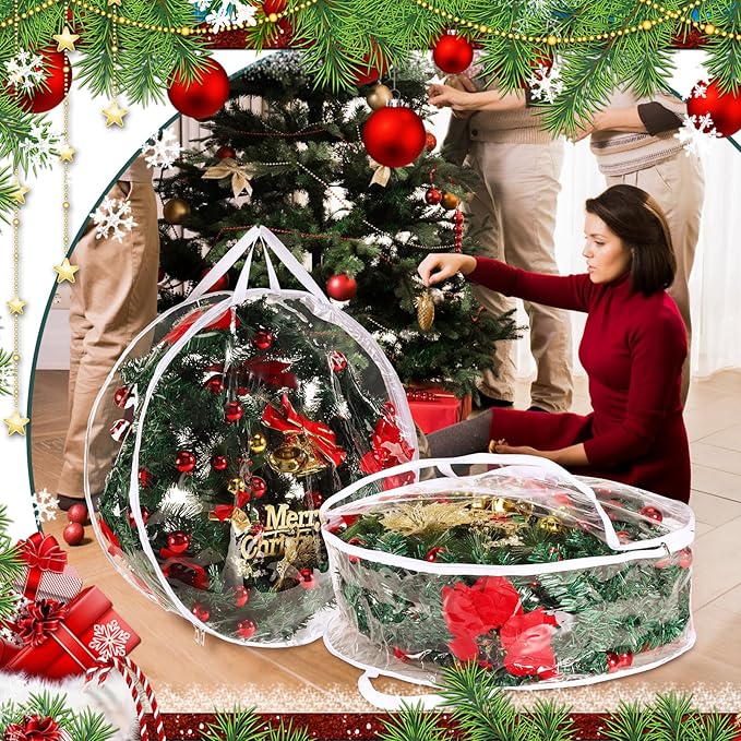 Shappy 6 Pcs 36 Inch Christmas Wreath Storage Container Clear Wreath Storage Bags PVC Waterproof Garland Bags with Clear Window Dual Zippers and Handles for Xmas Holiday Artificial Garland (White)