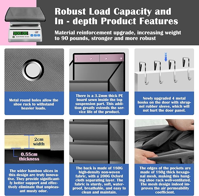 10 - Pocket Over - the - Door Hanging Shoe Organizers & Rack, Made of Sturdy 600D Oxford + Non - Woven Fabric, Space - Saving Storage for Shoes, Boots & More (Gray)