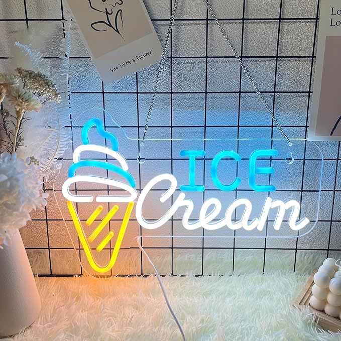 Ice Cream Neon Sign LED Light up Sign with Dimmable Switch Ice Cream Shop Wall Decor for Business Store Drink Shop Bar Party Cafe USB Powered 16.1" x 11"