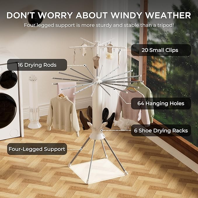 Clothes Drying Rack Foldable, 4-Legged Drying Rack Clothing with 20 Clips, Shoe Dryer Rack, Laundry Drying Racks with 4 Pulleys & Anti-Slip Holes, Portable Hanging Dry Rack for Clothes, Socks, Shoes