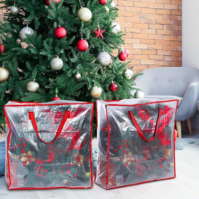 8 Pcs Clear Wreath Storage Bags 26 Inch Valentines St. Patrick's Garland Container Door Garland Holiday Wreath Storage Holder with Handle and Zipper Heavy Duty Plastic Packing Totes(Red)