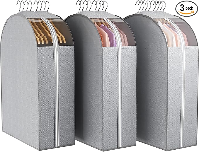 10" Gusseted Garment Bags for Hanging Clothes with Clear Window, 32" Suit Bags for Open Closet Storage, Clothing Cover for Coat, Dress, Jacket, Shirt, Fur Wardrobe Protector, 3 Packs