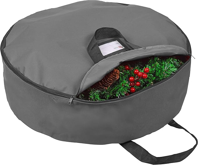 Primode Heavy Duty Christmas Wreath Storage Bag 24"- Garland Wreaths Container with Handles - Durable 600D Oxford Polyester Material Holiday Wreaths Storage Holder (24", Gray)