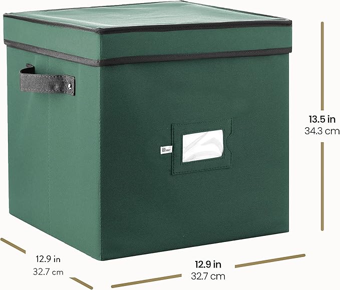 Zober Christmas Ornament Storage Box - Stores 64 Ornaments - Non-Woven, Tear- Proof Christmas Ornament Storage Containers - 3 Inch Cube Compartments - Green