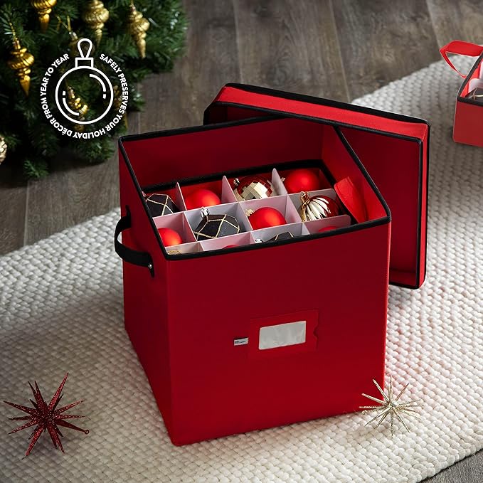 Zober Christmas Ornament Storage Box - Stores 64 Ornaments - Non-Woven, Tear- Proof Christmas Ornament Storage Containers - 3 Inch Cube Compartments - Red