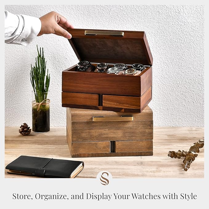 Shanik Luxury Large Watch Box Organizer for Men with 8 Divided Slots, Soft Velvet Pillows, and Pull-Out Drawers for Wallet, Cufflinks, and Accessories