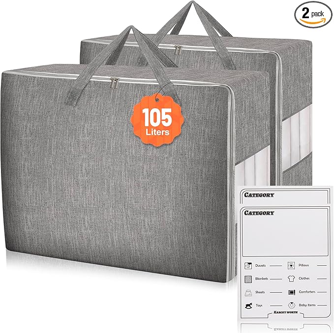 2 Pack 85L Comforter Storage Bags, Extra Large Bedding Storage Bags with Category Card and Clear Window, Reinforced Handles & Zippers, Foldable Closet Organizers for Blanket Pillow