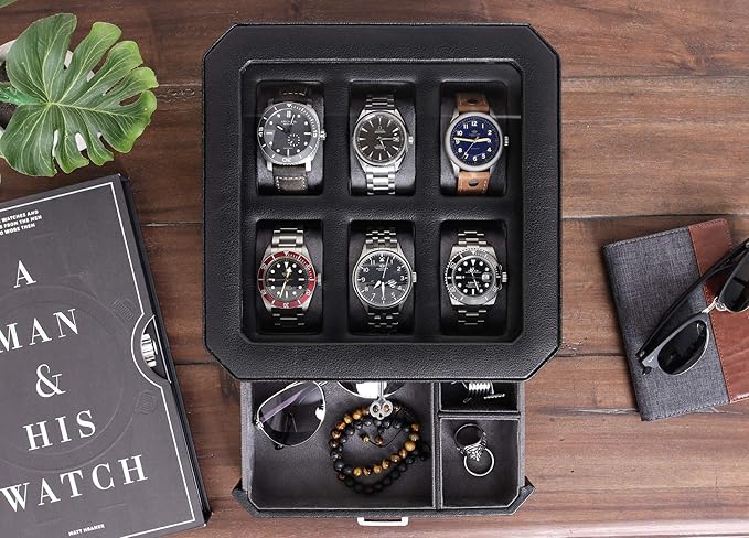 ROTHWELL 6 Slot Leather Watch Box with Valet Drawer - Luxury Watch Case Display Organizer, Microsuede Liner, Locking Mens Jewelry Watches Holder, Men's Storage Boxes With Large Glass Top (Black/Grey)