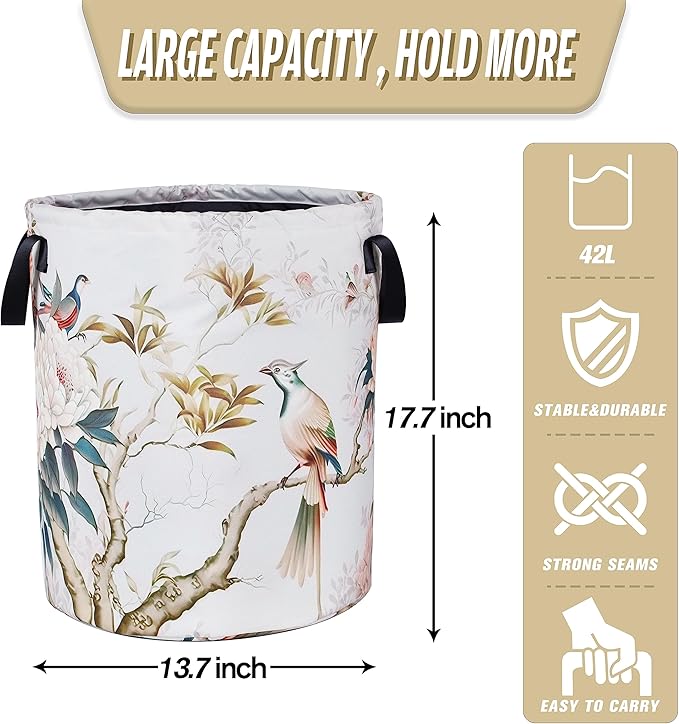 Bird Flower Laundry Basket Chinese Style Foldable Oxford Cloth Funny Tote Bag Laundry Hamper Clothes Storage Bucket Organizer For Bathroom/Laundry Storage/Bedroom 17.7x13.7Inch