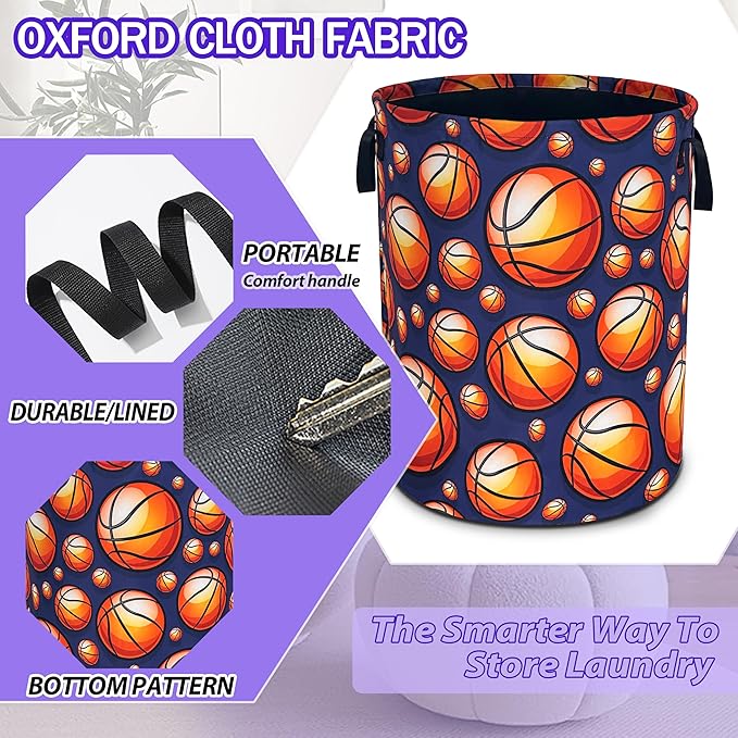 Basketball Laundry Basket Oxford Cloth Ball Sports Laundry Hamper Funny With Handle Foldable Portable Clothes Storage Basket 18.9 X 16.5 In Storage Bag For Laundry Room/Bathroom/Bedroom/Dormitories