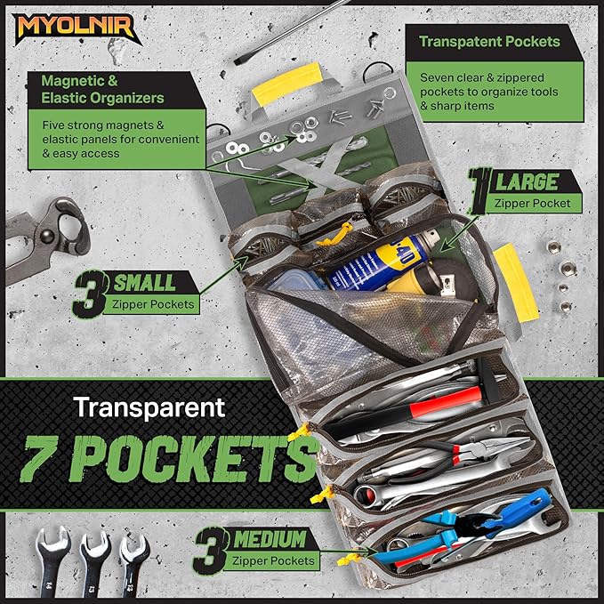 Roll Up Tool Bag Organizer With Kickstand - Compact Heavy Duty Motorcycle Tool Roll Bag Organizer - Portable Rollup Toolbag With Magnetic Panels & Transparent Pockets - Mechanic & Electrician