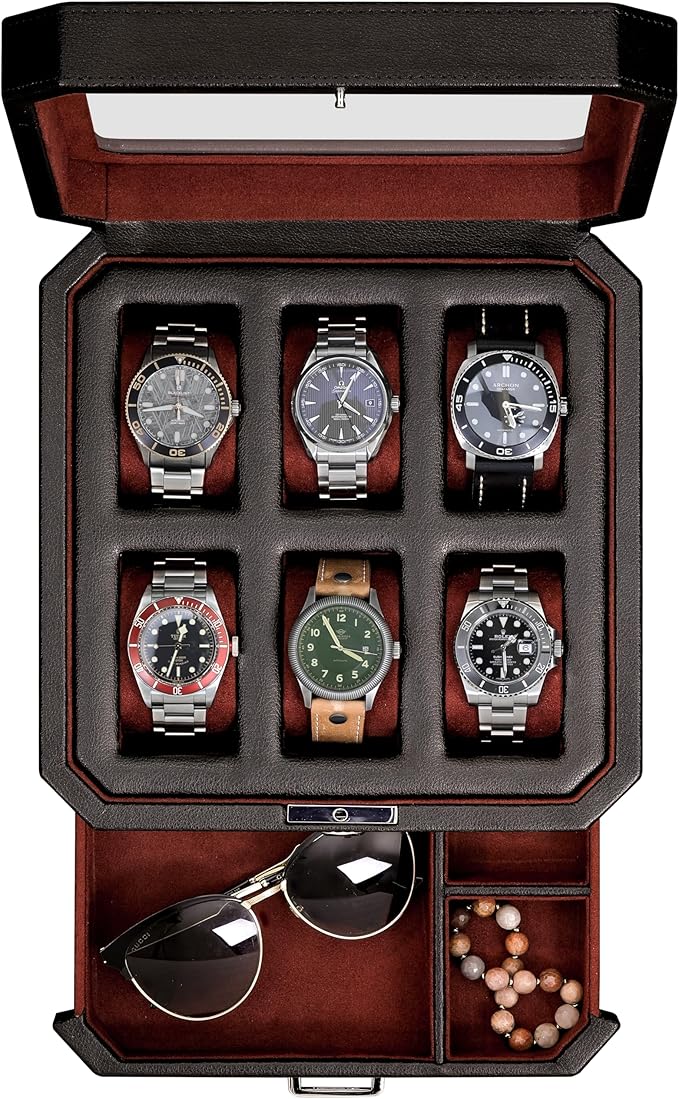 ROTHWELL 6 Slot Leather Watch Box with Valet Drawer - Luxury Watch Case Display Organizer, Microsuede Liner, Locking Mens Jewelry Watches Holder, Men's Storage Boxes Holder Large Glass Top (Black/Red)