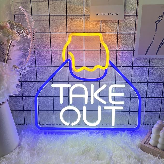 Take Out Neon Sign for Business Carry Out Take Away Led Light up Sign with Dimmable Switch for Restaurants Wall Decor Bar Store Drink Shop Cafe USB Powered 13.8" x 12.6"