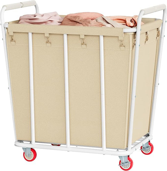 Hoctieon Large Laundry Cart with Wheels, 400L Heavy Duty Laundry Basket Organizer, Rolling Hamper Sorter for Clothes Storage, Industrial Dirty Clothes Hamper for Home & Hotel, Beige