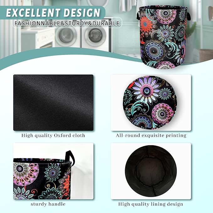 Mandalas Flowers Laundry Basket With Handles Oxford Cloth Tote Bag Colorful Laundry Hamper 18.9"x16.5" Foldable Clothes Storage Bucket Toy Organizer For Bathroom/Laundry/Bedroom