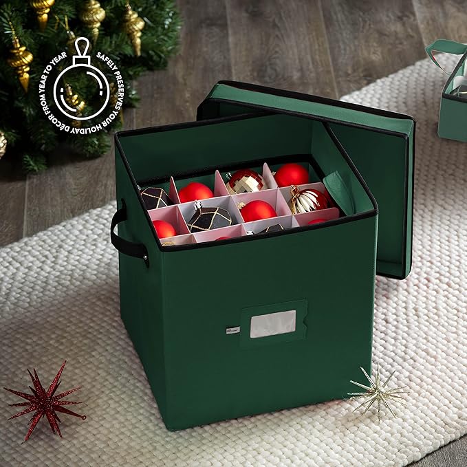Zober Christmas Ornament Storage Box - Stores 64 Ornaments - Non-Woven, Tear- Proof Christmas Ornament Storage Containers - 3 Inch Cube Compartments - Green
