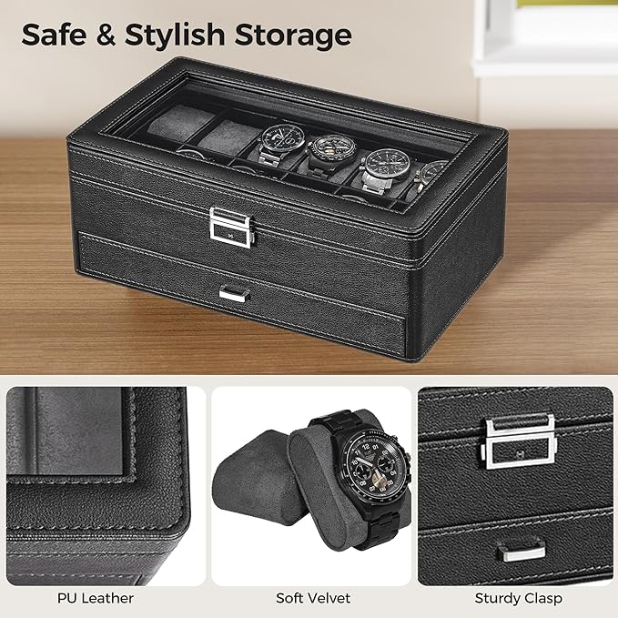BEWISHOME Watch Box for Men, 12-Slot Watch Case with Drawer, 2-Layer Mens Jewelry Box with Large Glass Lid, Watch Display Case Watch Holder Organizer Watch Storage for Men Women Black, SSH02L