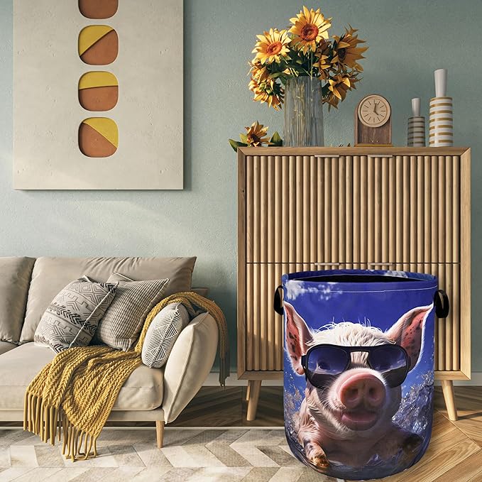 Summer Pig Laundry Hamper Foldable With Handles Cute Animal Tote Bag Oxford Cloth Funny Laundry Basket Clothes Toy Storage Bucket 18.9" x 16.5" For Bathroom/Laundry/Bedroom