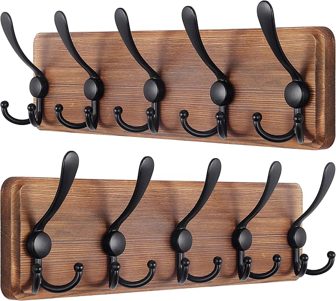 SKOLOO Rustic Wall Mounted Coat Rack: 16" Hole to Hole, Pine Real Wood Plank Wall Coat Rack with 5 Triple Hooks, Farmhouse Coat Hanger Wall Mount for Hanging Backpack Jacket Coat Hat,Pack of 2