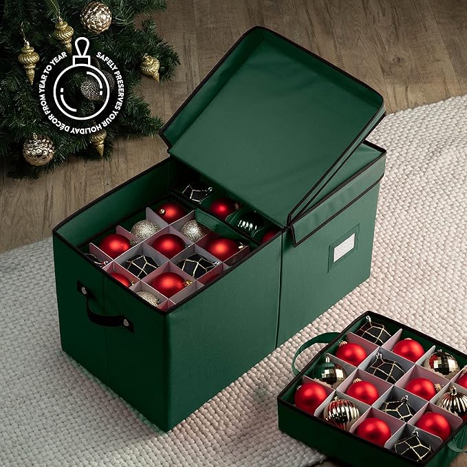 ZOBER Christmas Ornament Storage Box - Stores 128 3" Ornaments with Individual Trays - Tear Proof 600D Oxford Fabric - ornament organizer storage box, Durable Christmas Containers Holder - Green
