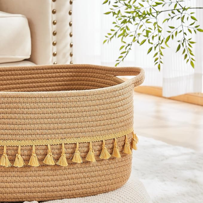 Storage Bins Woven Baskets for Storage Set of 3, Cotton Rope Basket with Handles for Toys/Shelves/Laundry, Rectangle Multi-Purpose Organizer for Living Room, Bedroom, Nursery (Brown)