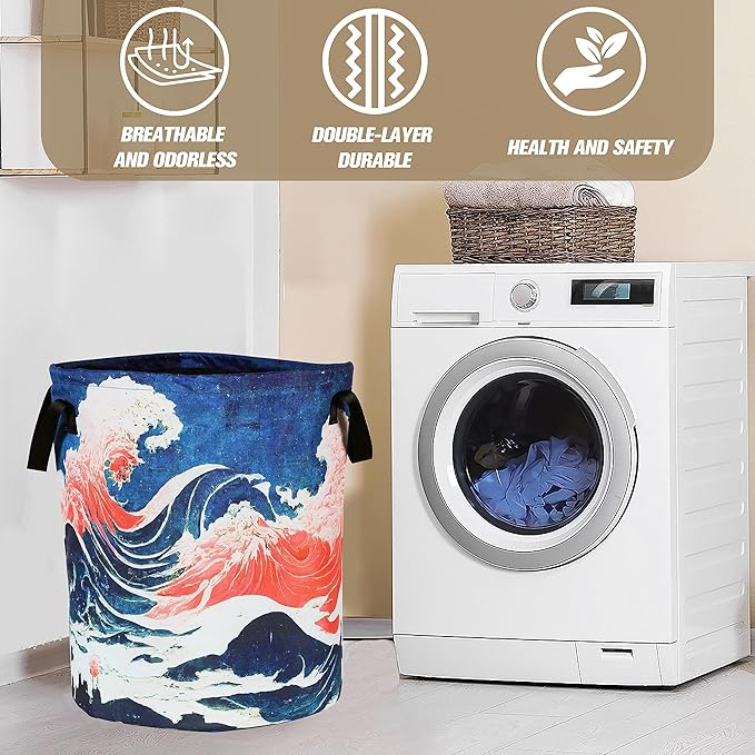 Ocean Wave Laundry Basket Japanese Style Foldable Oxford Cloth Tote Bag Laundry Hamper Clothes Storage Bucket Organizer For Bathroom/Laundry Storage/Bedroom Storage Basket 17.7x13.7Inch