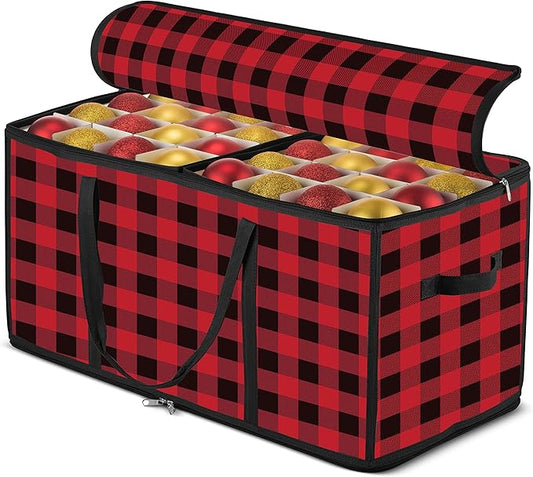 ZOBER Christmas Ornament Storage Box Plastic - Stores 128 3" Ornaments with Individual Trays - Ornament Organizer Storage Box, Durable Christmas Containers Holder - Plaid