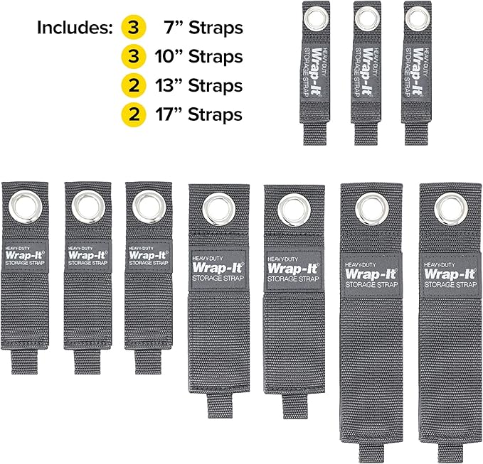 Heavy-Duty Wrap-It Storage Straps - Assorted 10-Pack (Graphite Gray) - Hook and Loop Storage Strap, Extension Cord Organizer, Hose, Cable Straps, Rope Organizer, Electrical, Hose, Garage Wall Hanger