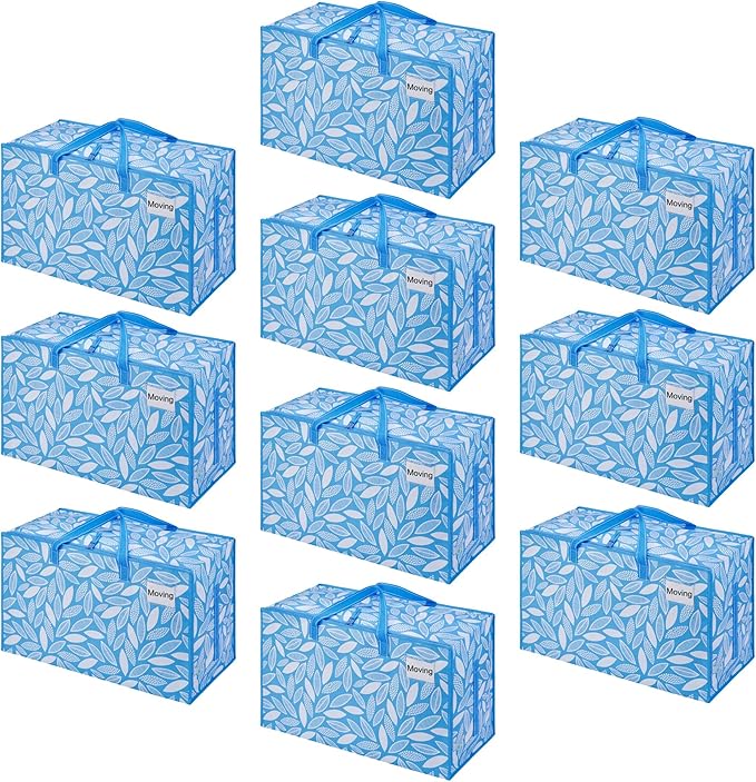 VENO 10 Pack Moving Bags and Large Christmas Decoration Storage Bins with lids. Alternative to Moving Boxes, Packing Supplies for College. Heavy Duty Totes (Spring Breeze, 10 Pack)