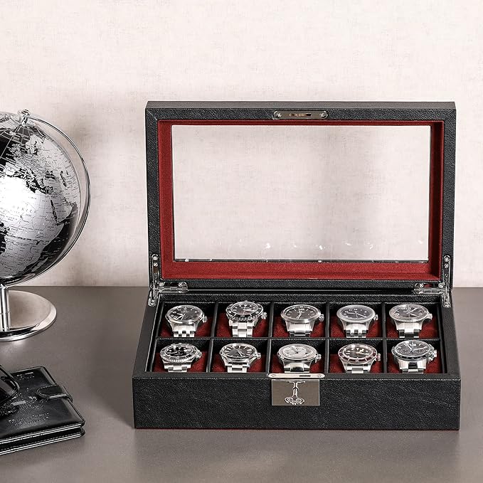ROTHWELL 10 Slot Leather Watch Box - Luxury Case Display Jewelry Organizer - Locking Watch Display Case Holder with Large Glass Top - Box Organizer for Men and Women (Black/Red)