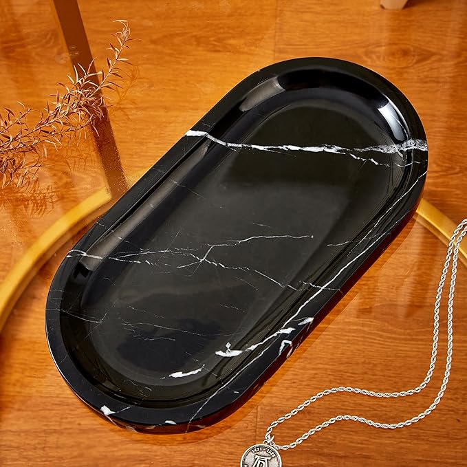 Denique Natural Marble Bathroom Tray, 12"x6" Vanity Tray Black Marble Decorative Tray, Countertop Organizer for Perfume & Candles, Jewelry Dish Ring Holder for Bathroom Counter, Vanity, Dresser