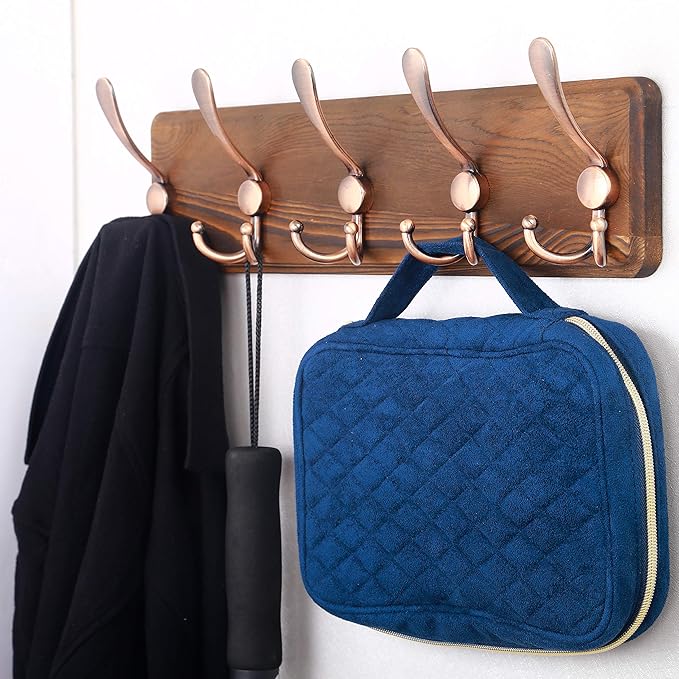 SKOLOO Coat Rack Wall Mounted - Pack of 2, Wooden, Heavy Duty, Rustic Coat Hooks for Wall, Wall Coat Rack with 5 Triple Hooks for Hanging Clothes, Jacket, Hat(Brown & Retro Red)