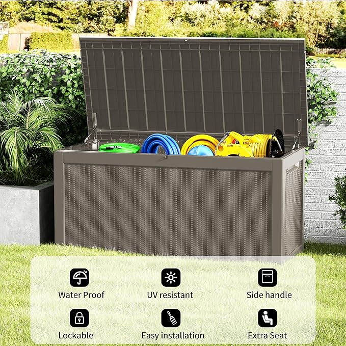 320 Gallon Lockable Resin Deck Box, Waterproof & UV-Resistant Outdoor Storage Box for Outdoor Cushion Storage, Garden Tools Accessories Storage, Gray
