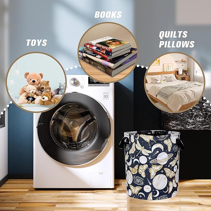 Moon Butterfly Laundry Basket Moth Dragonfly Insect Foldable Oxford Cloth Tote Bag Laundry Hamper Clothes Storage Bucket Organizer For Bathroom/Laundry Storage/Bedroom 17.7x13.7Inch